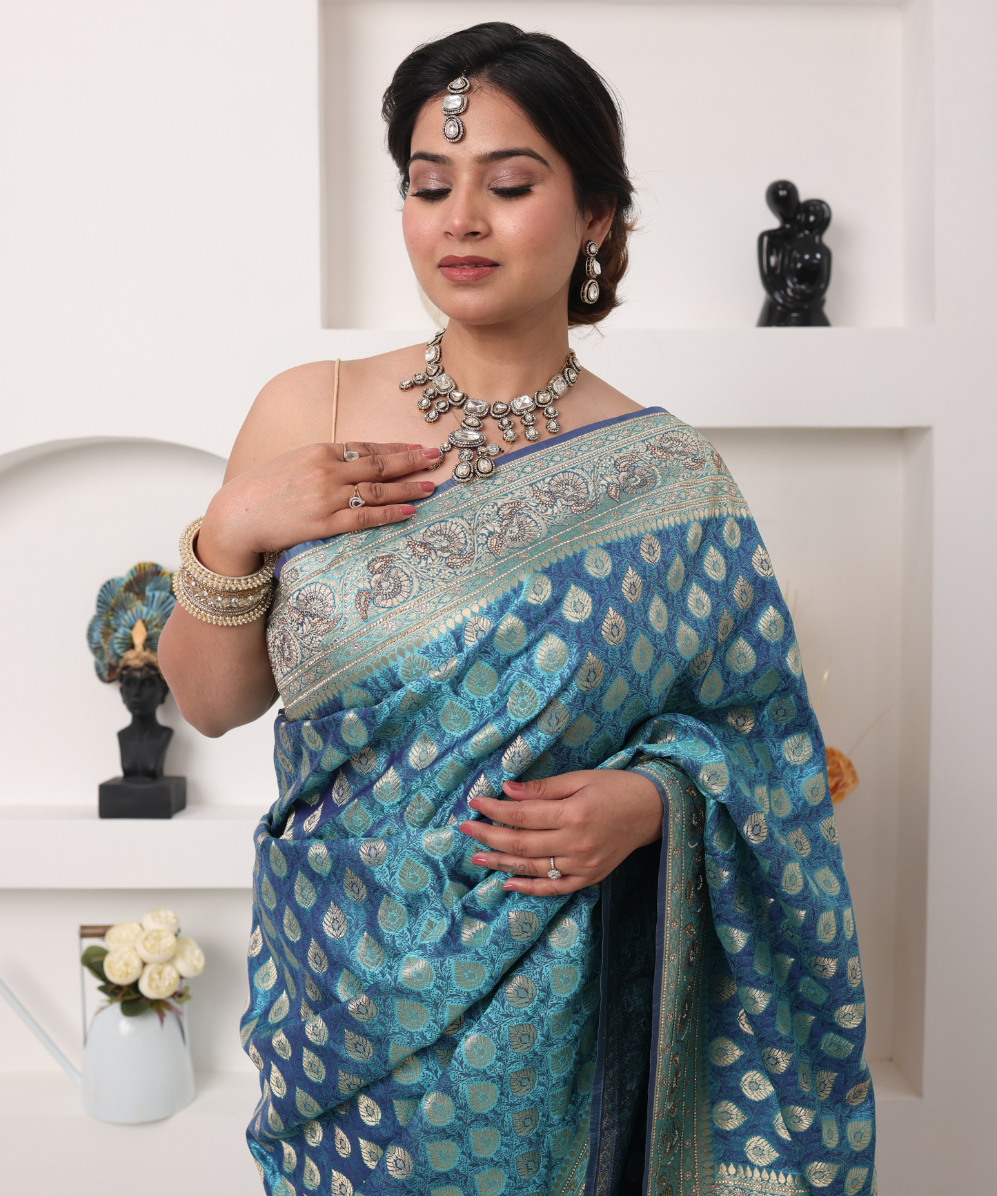 Turquoise Blue Banarasi Silk Saree with Silver Zari Weaving