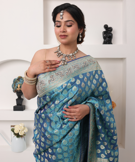 Turquoise Blue Banarasi Silk Saree with Silver Zari Weaving