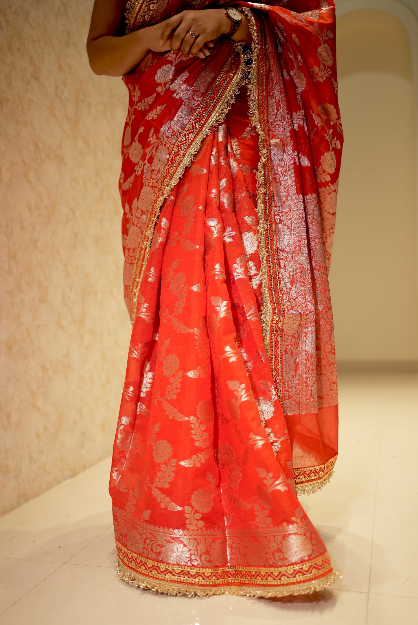 Red Banarasi Soft Georgette Silk Saree with Lace Border