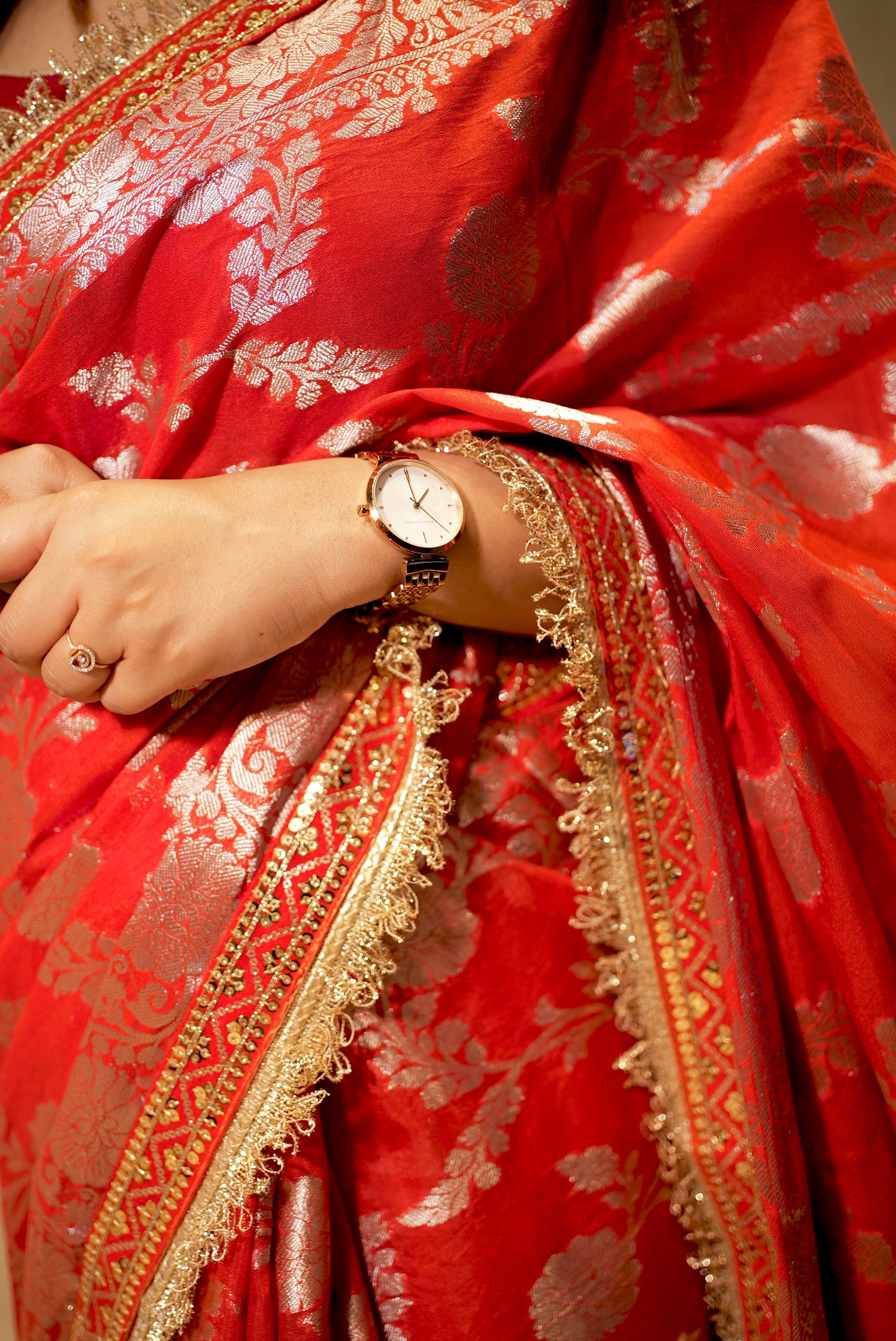 Red Banarasi Soft Georgette Silk Saree with Lace Border