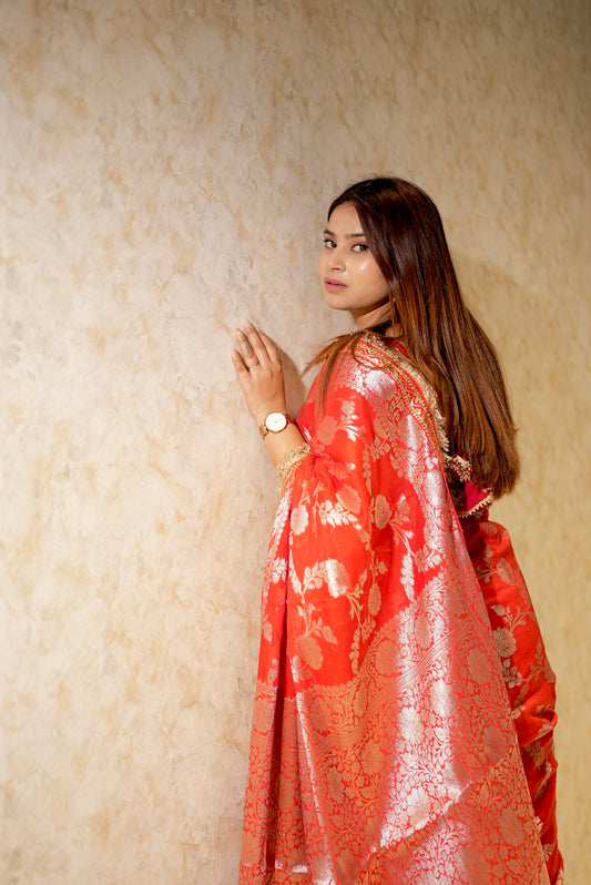 Red Banarasi Soft Georgette Silk Saree with Lace Border