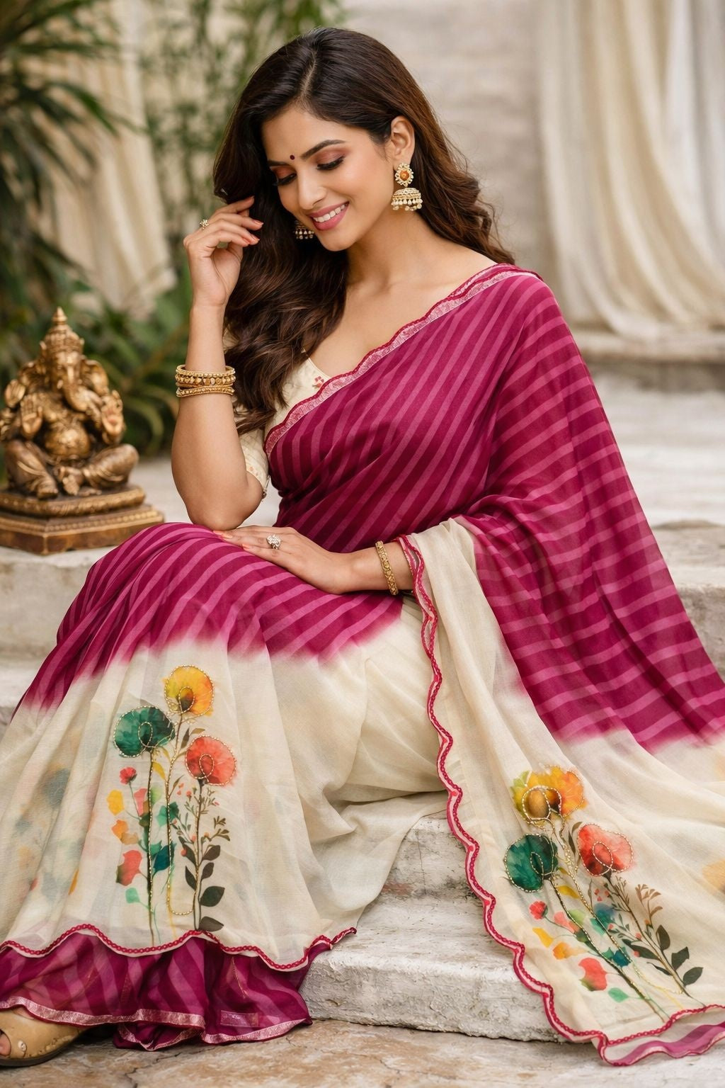 Leheriya Floral Handwork Georgette Saree