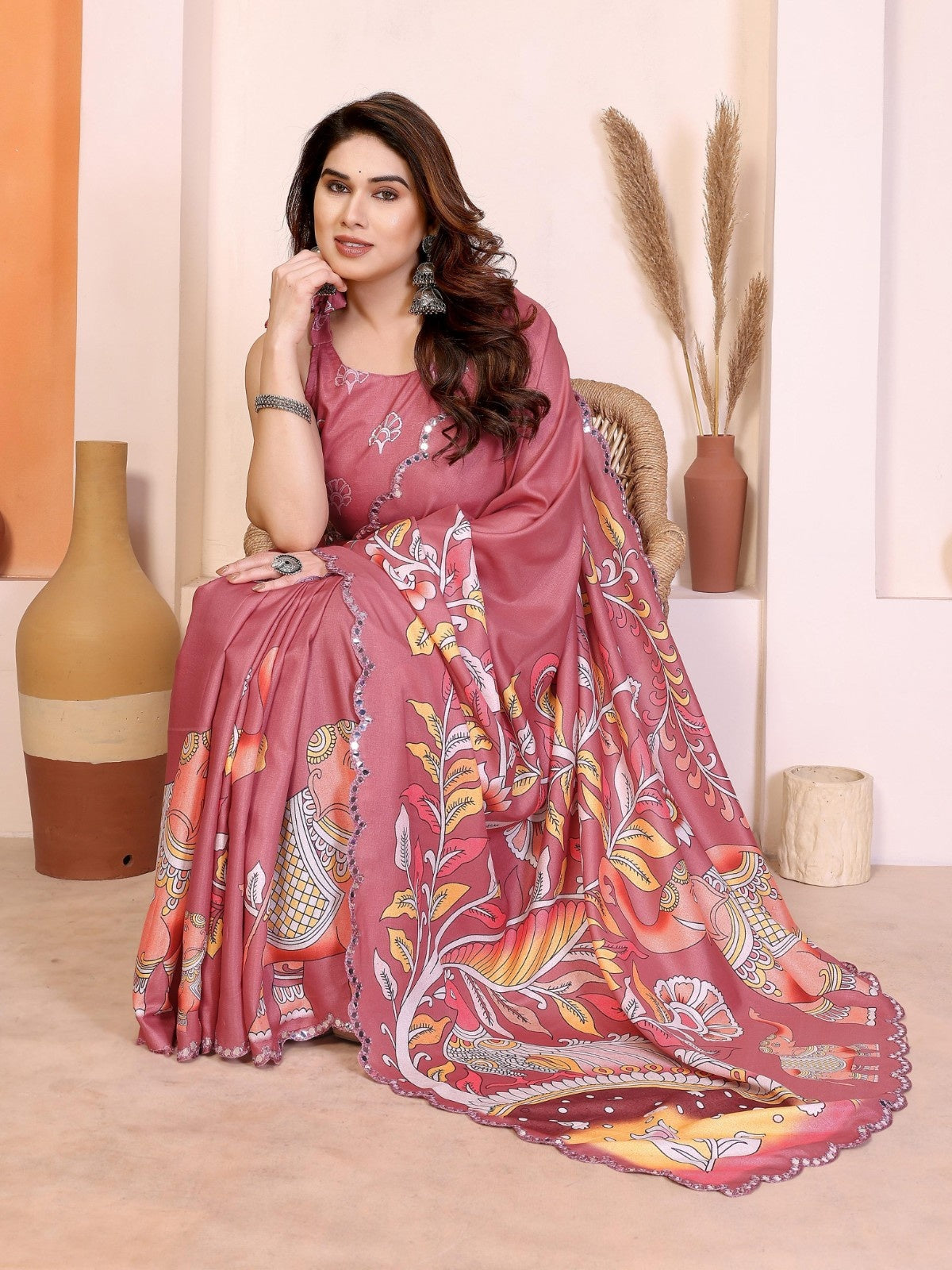 Manipuri Silk Kalamkari Mirror Work Saree