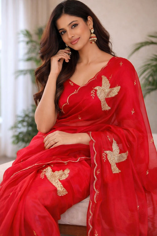 IRA Reet Tulips – Handwork Moss Chiffon Saree