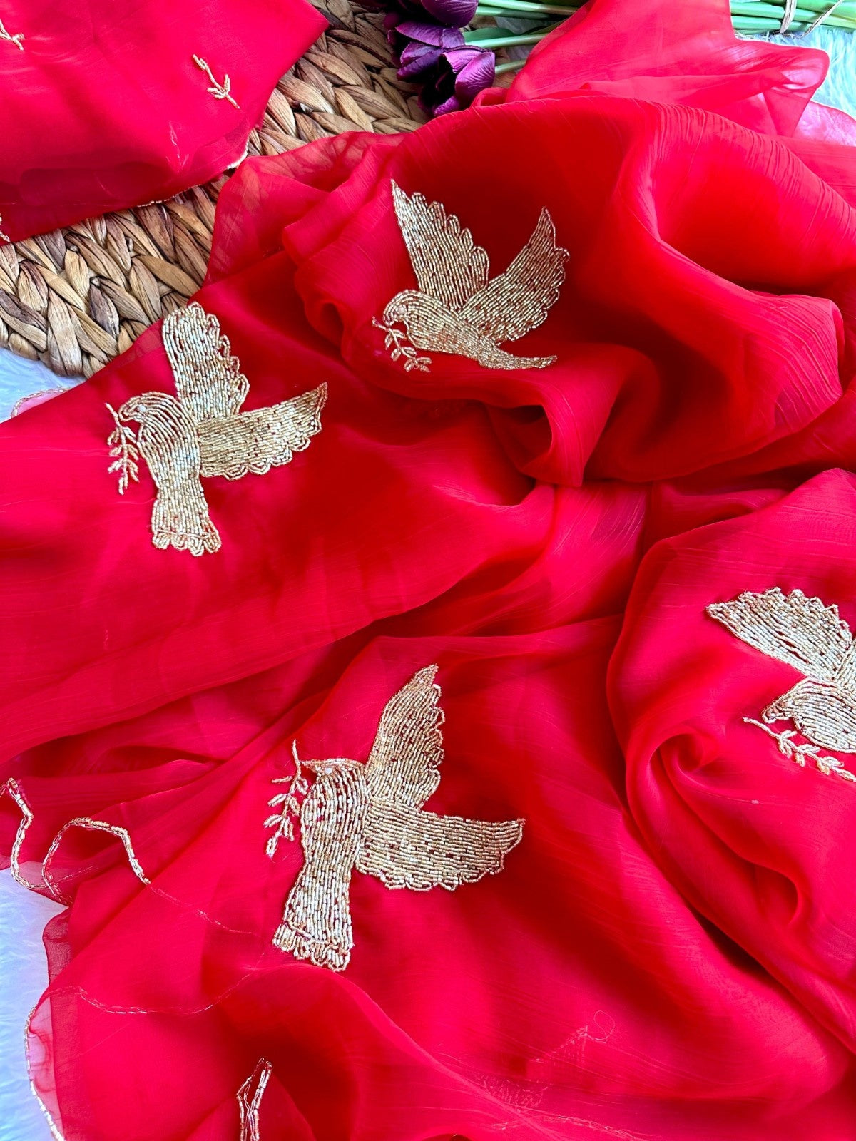 IRA Reet Tulips – Handwork Moss Chiffon Saree