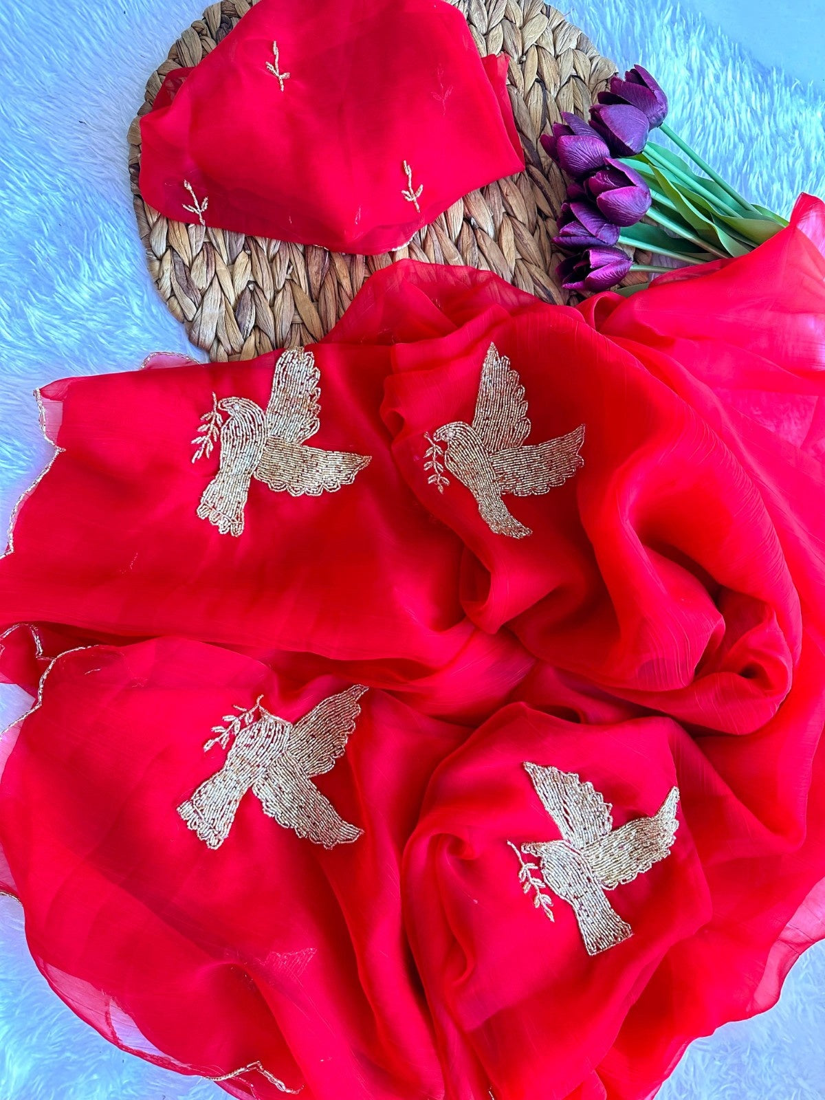 IRA Reet Tulips – Handwork Moss Chiffon Saree