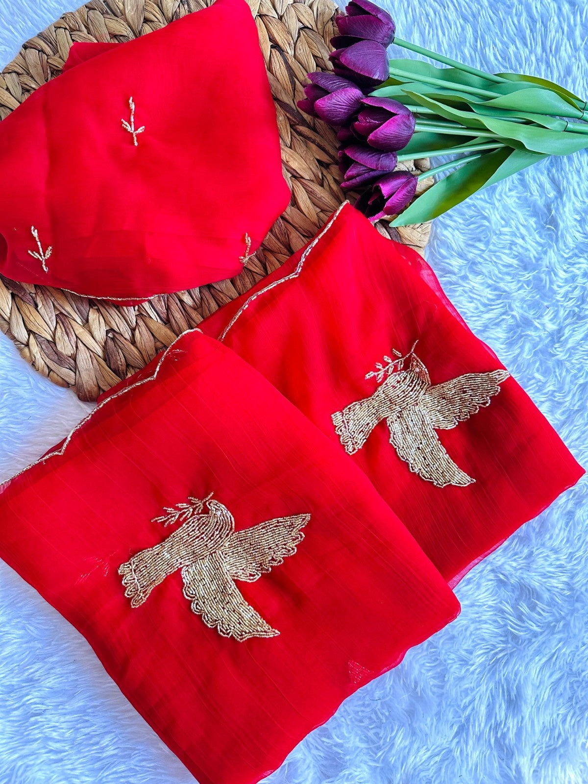 IRA Reet Tulips – Handwork Moss Chiffon Saree