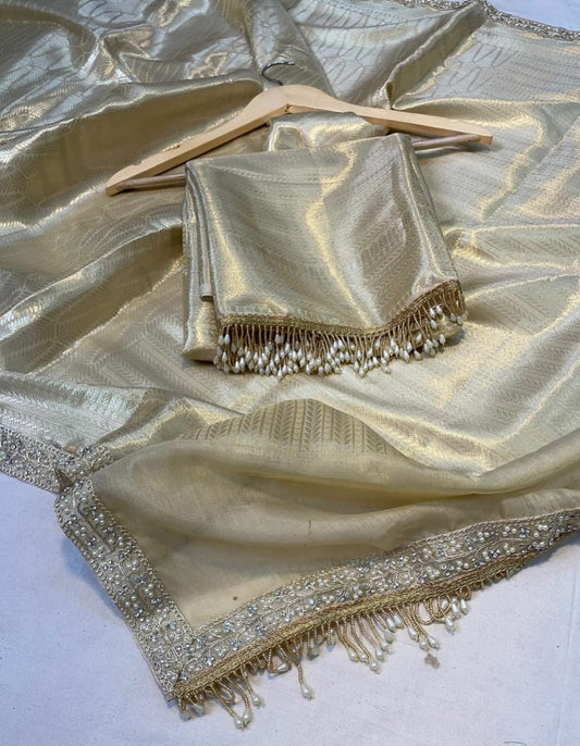 New GOLDEN & AQUA – Soft Kanchi Tissue Silk Saree