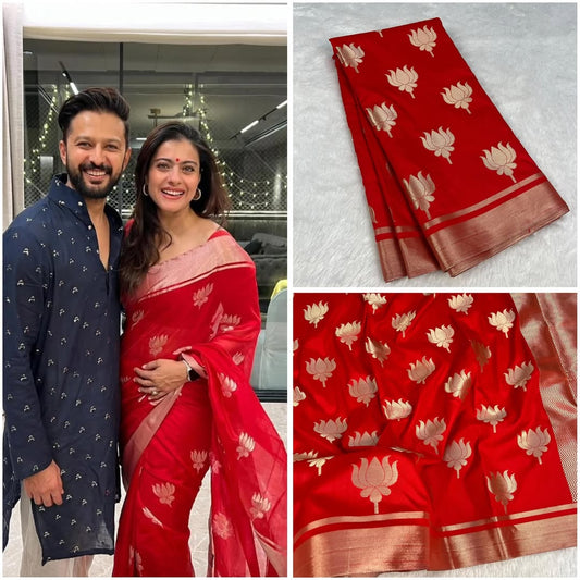 RED Banarasi Soft Semi Katan Silk Saree