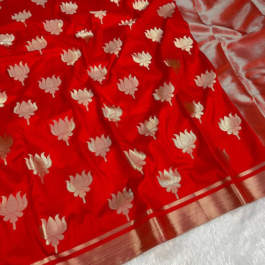 RED Banarasi Soft Semi Katan Silk Saree