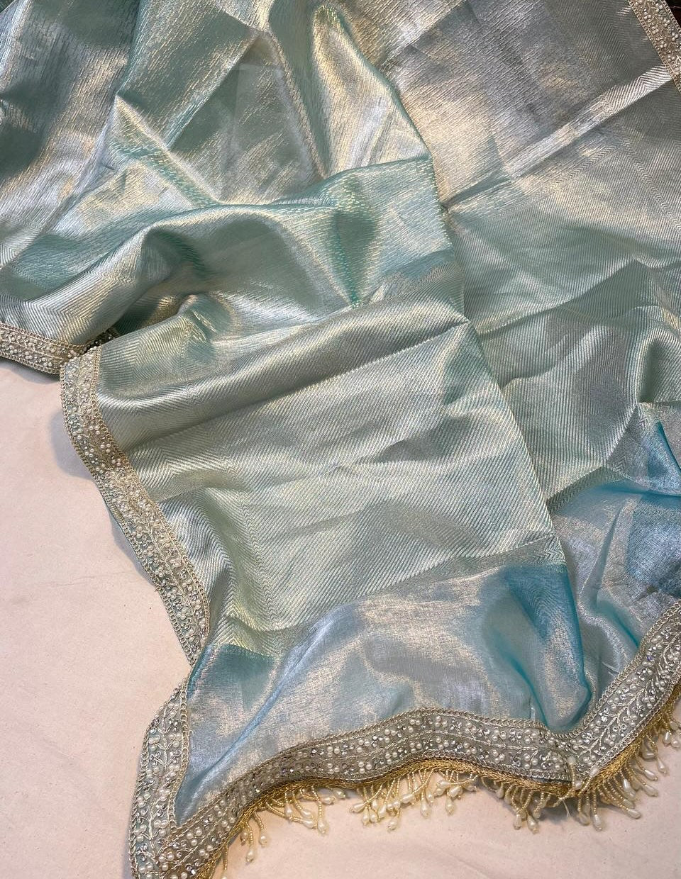 New GOLDEN & AQUA – Soft Kanchi Tissue Silk Saree