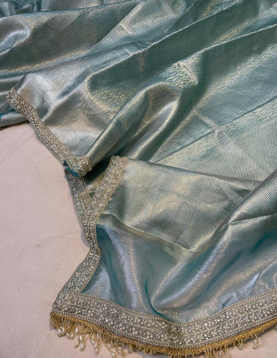 New GOLDEN & AQUA – Soft Kanchi Tissue Silk Saree
