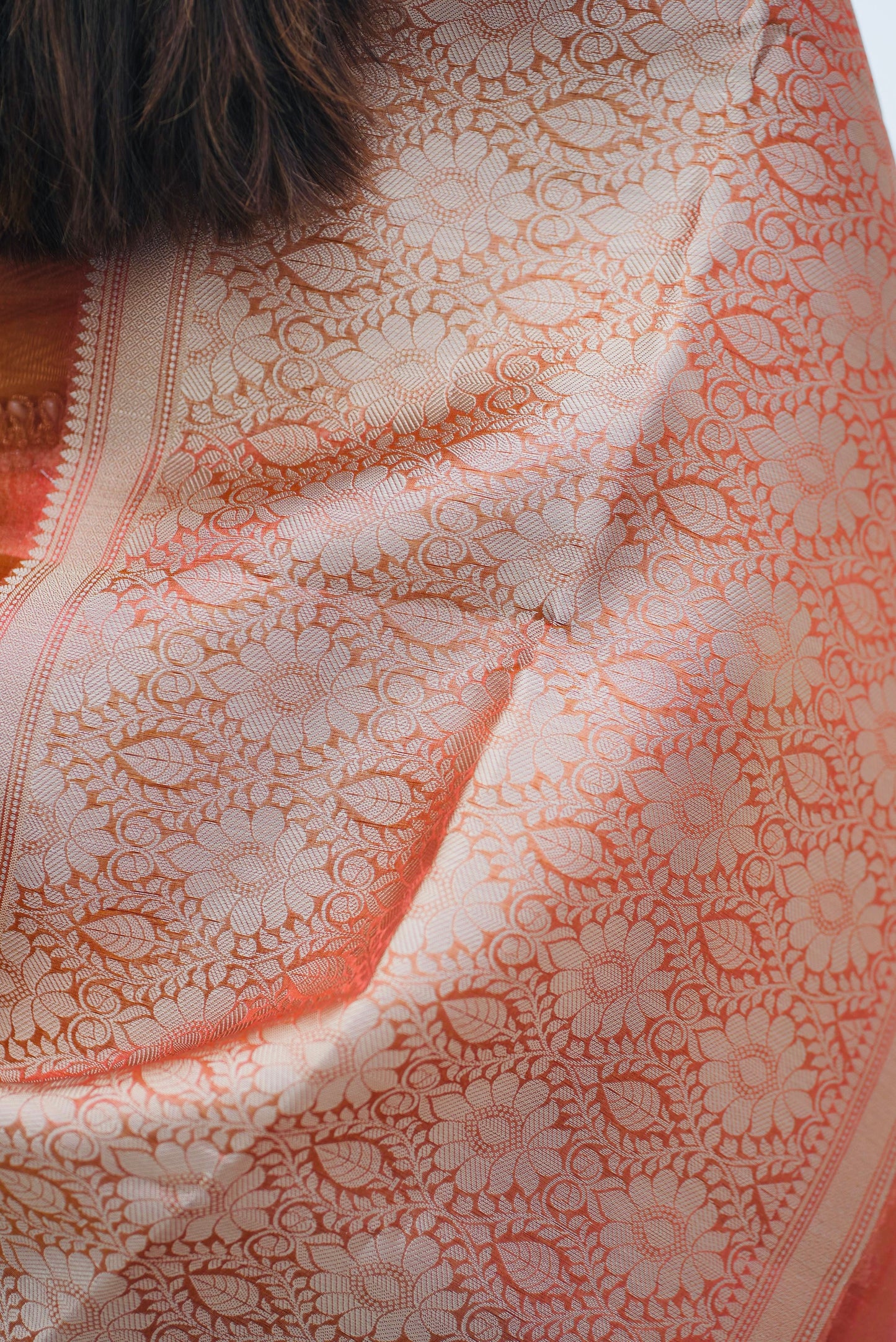 Elegant Rust Orange Banarasi Tissue Silk Saree with Lace Border