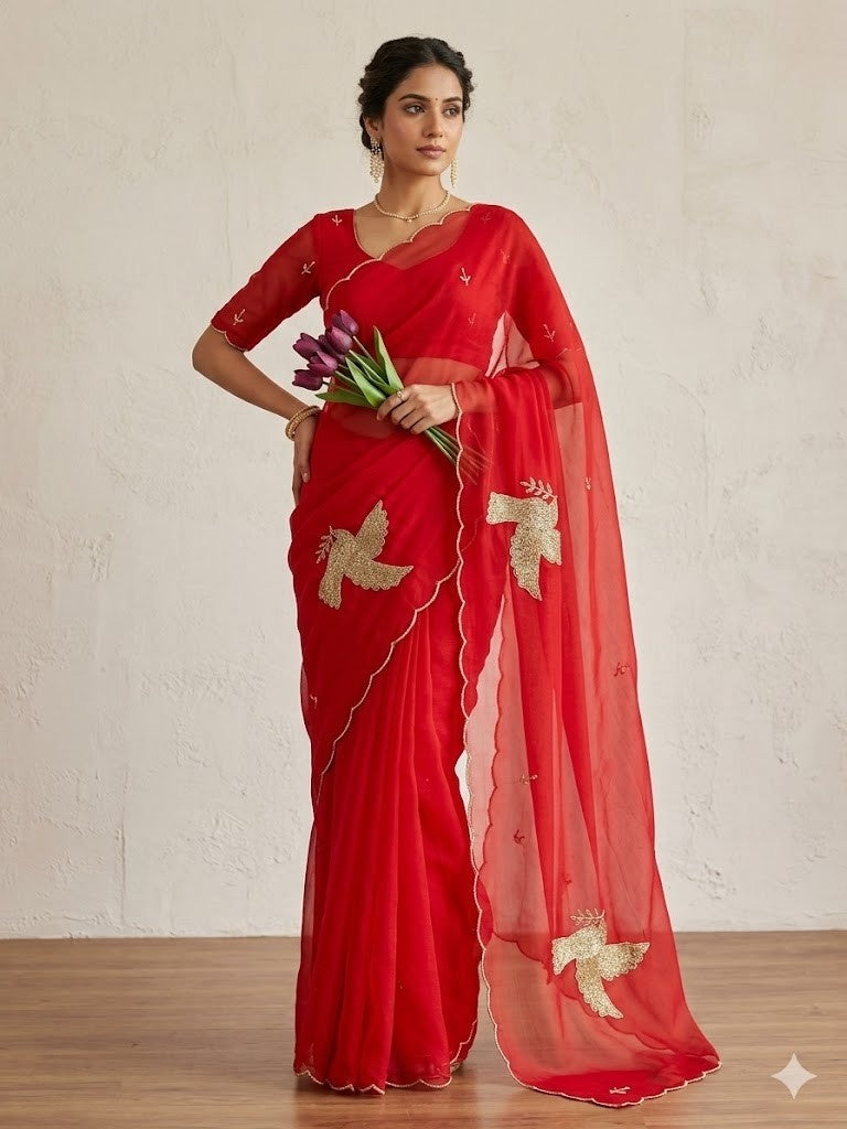 IRA Reet Tulips – Handwork Moss Chiffon Saree